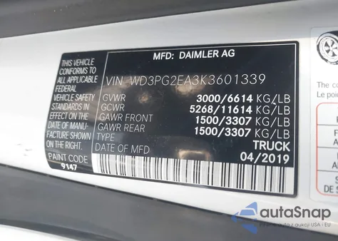 2019 Mercedes-Benz Metris from USA, damaged, VIN WD3PG2EA3K3601339